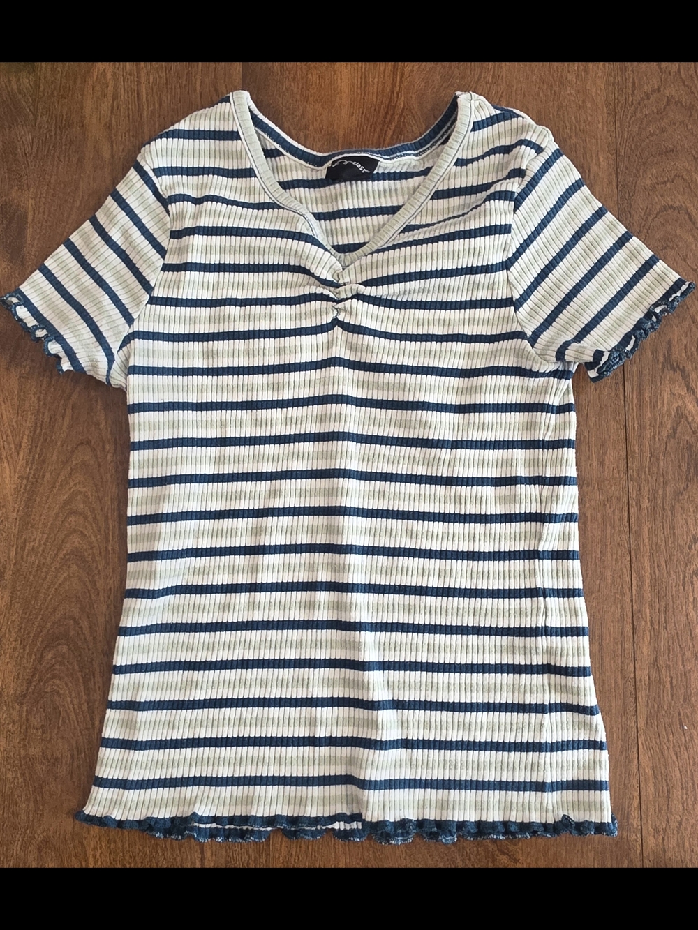 Art Class Navy & Cream Striped Ribbed Twist V-Neck Tee